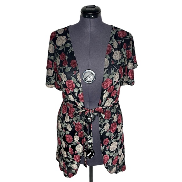 Vintage Secret Treasures Rose Velvet Short Sleeve Belted Kimono Duster Topper - Picture 1 of 10